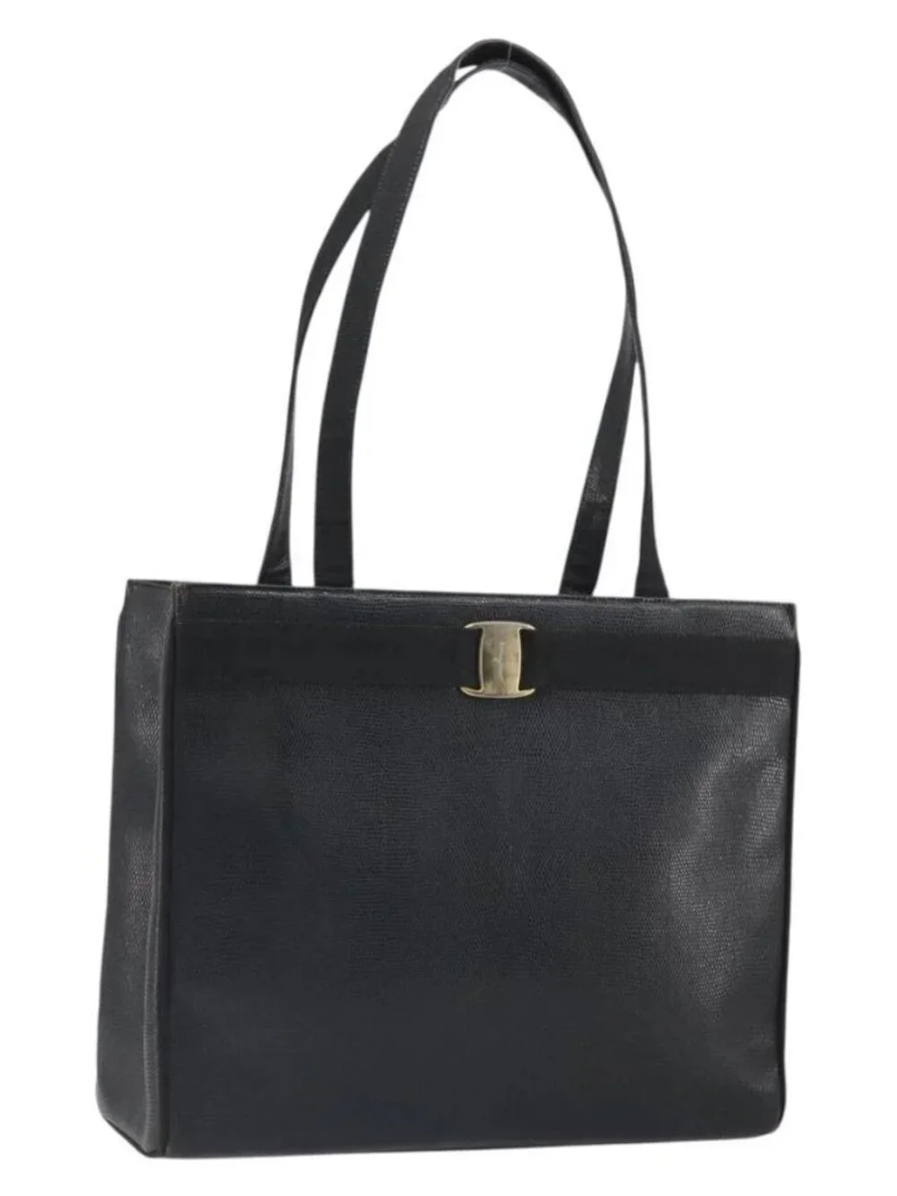 Salvatore Ferragamo Tote Bag Leather Black Gold Auth SW1922